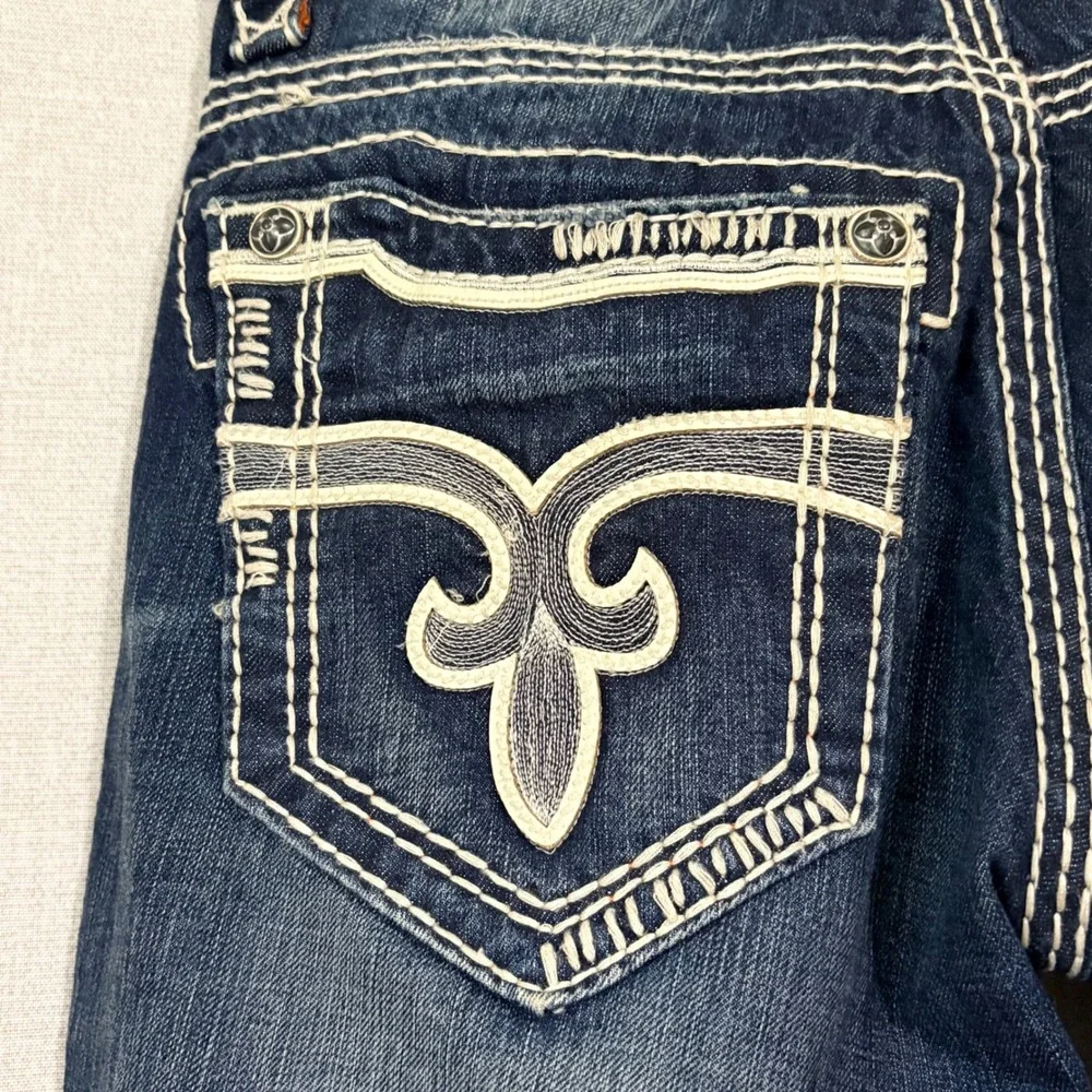 Rock Revival Men Drk Wash Bootcut Jeans Fleur de Lis Thick Stitch Blue 29x32 Y2K